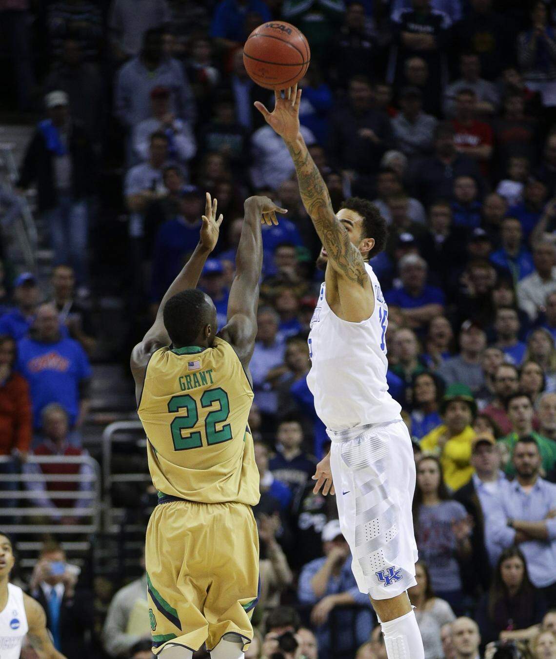 Willie Cauley-Stein’s block of the shot of Notre Dame guard Jerian Grant helped Kentucky survive Notre Dame 68-66 in the 2015 NCAA Tournament round of eight and advance to the Final Four with a 38-0 record.