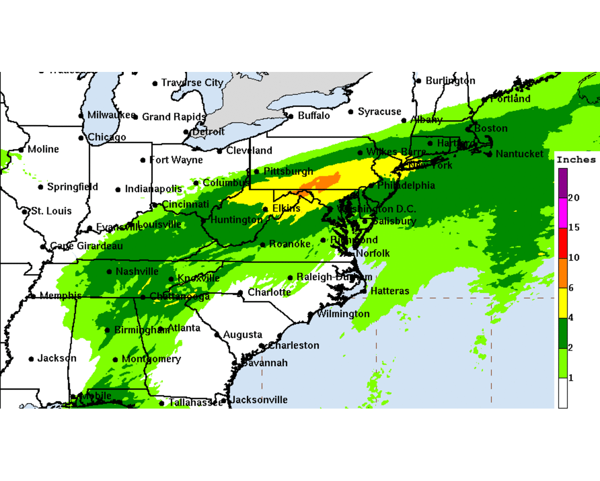This National Hurricane Center map shows potential rainfall as the remains of Hurricane Ida move north and east.