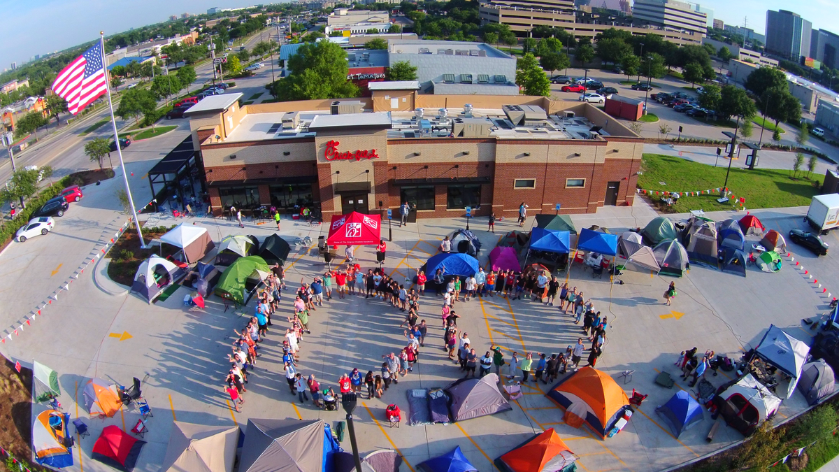 Chick-fil-A fans can line up beginning at 5:30 p.m. on Wednesday. To win a year’s worth of free sandwiches and waffle fries, fans will need to camp out overnight.