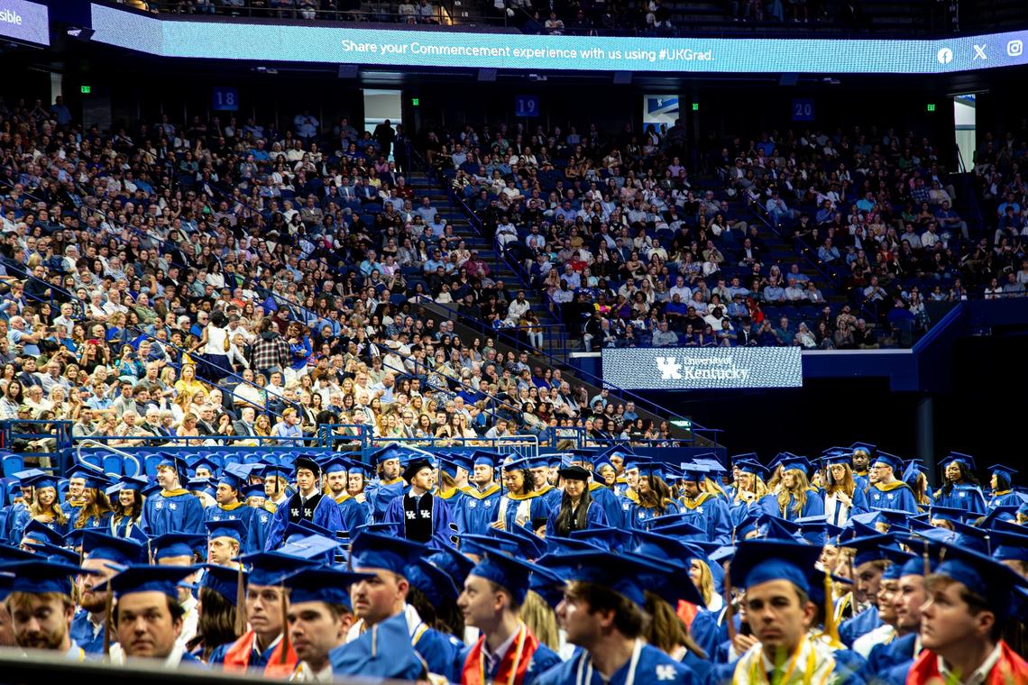 UK students standing in acknowledgment of Bachelor’s degree candidacy during the first of two UK graduation ceremonies at Central Bank Center on May 9, 2025, in Lexington, Ky.