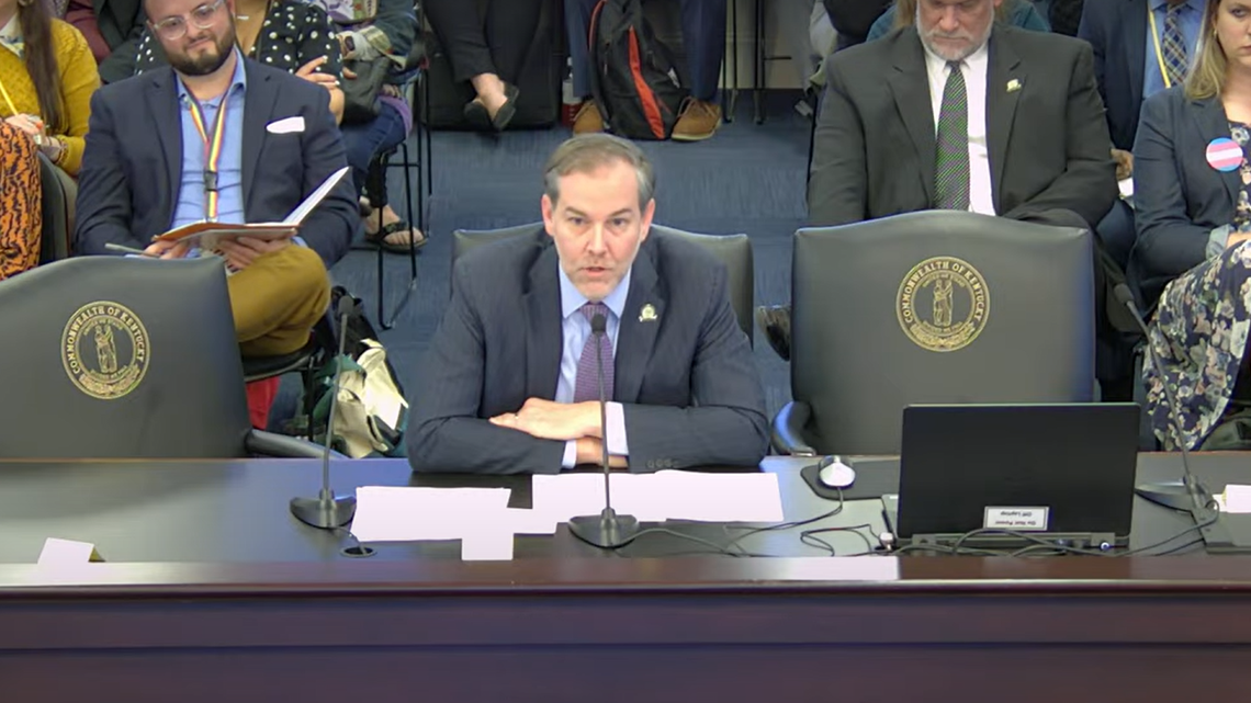 Sen. Max Wise, R-Campbellsville, presents Senate Bill 150 to the Senate Education Committee on February 9, 2023. The bill includes a range of requirements for communication between schools and parents, and also would ensure no school staff members are compelled or required to use pronouns that do not conform to a student’s biological sex, he said.