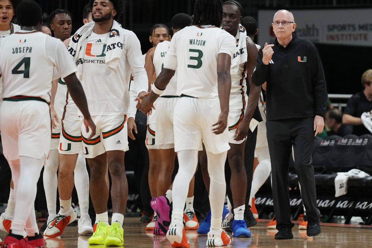 Miami head coach Jim Larranaga talks to his team during the first half against NJIT on Nov. 6 at Coral Gables, Fla.