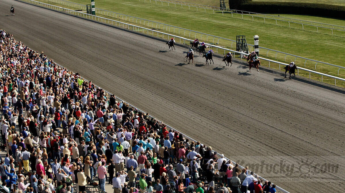 Chortle with Shaun Bridgmohan up led the field in front of a packed apron in the seventh race on opening day at Keeneland Race Course in Lexington, Ky., on April 5, 2013.  Photo by Pablo Alcala | Staff