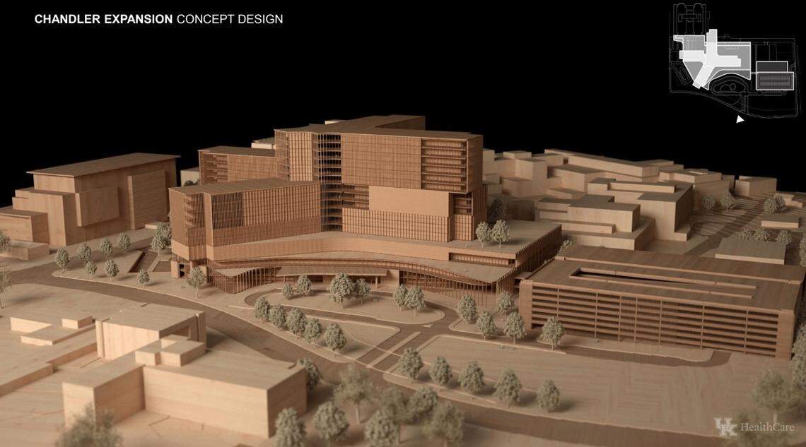 A rendering of the current design of UK HealthCare’s Albert B. Chandler Hospital expansion project. The project is still in the design phase, and may change before construction begins.