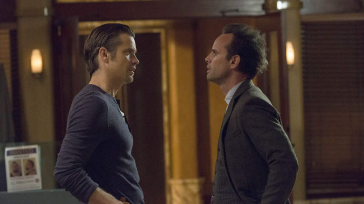 JUSTIFIED -- "Starvation" -- Episode 512 (Airs Tuesday, April 1, 10:00 pm e/p -- Pictured: (L-R) Timothy Olyphant as Deputy U.S. Marshal Raylan Givens, Walton Goggins as Boyd Crowder -- CR: Prashant Gupta/FX