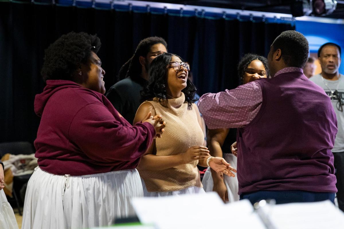 The cast of Sanctuary Road rehearses on Saturday, March 1, 2025.