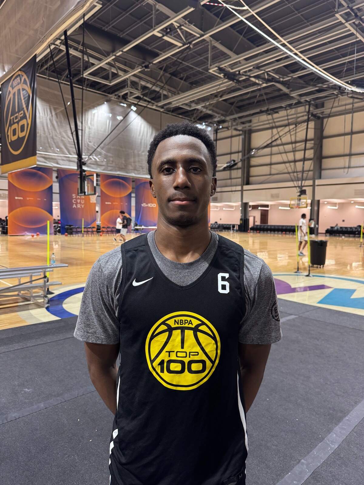 Class of 2027 college basketball recruit Jaxson Davis poses for a photo at the NBPA Top 100 Camp on Wednesday, June 10, 2026, at the Rock Hill Sports & Event Center in Rock Hill, South Carolina.