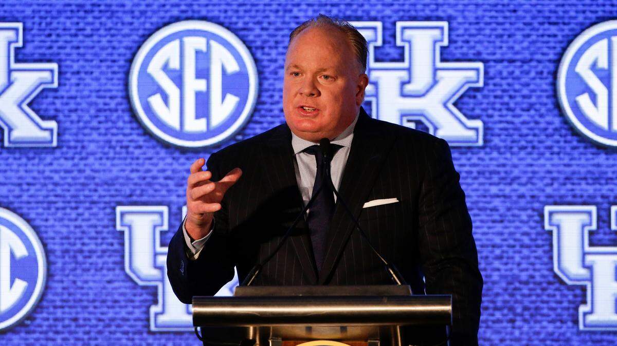 Kentucky head coach Mark Stoops speaks to reporters during the NCAA college football Southeastern Conference Media Days Tuesday, July 20, 2021, in Hoover, Ala. (AP Photo/Butch Dill)