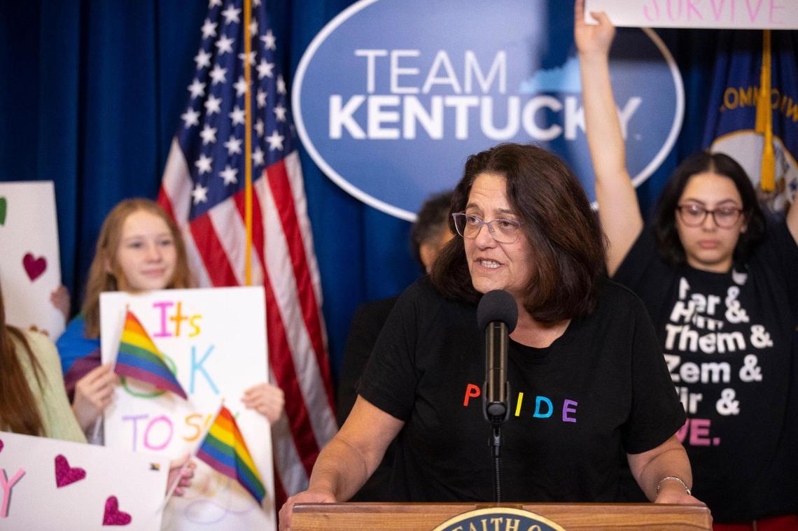 Kentucky state Sen. Karen Berg, D-Louisville, speaks during the Fairness Rally at the Kentucky state Capitol in Frankfort, Ky., on Wednesday, Feb. 15, 2023.