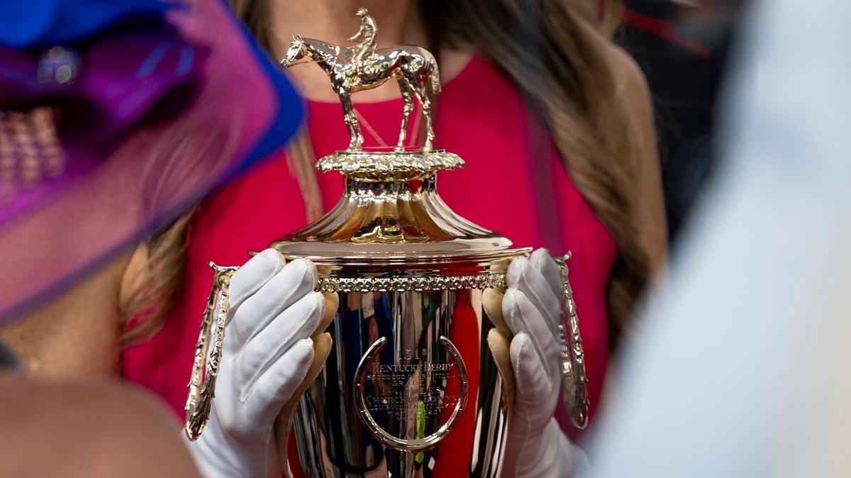 The Kentucky Derby Trophy is presented at the Red Carpet on Saturday, May 3, 2025, at Churchill Downs in Louisville, Kentucky.