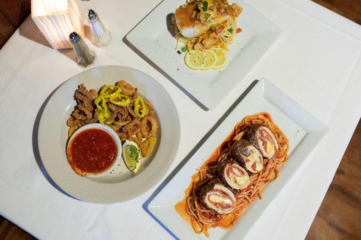 Giuseppe’s chicken pepperoni, chicken breasts lightly breaded, fried and stuffed with pepperoni and provolone, over a bed of spaghetti with marinara.