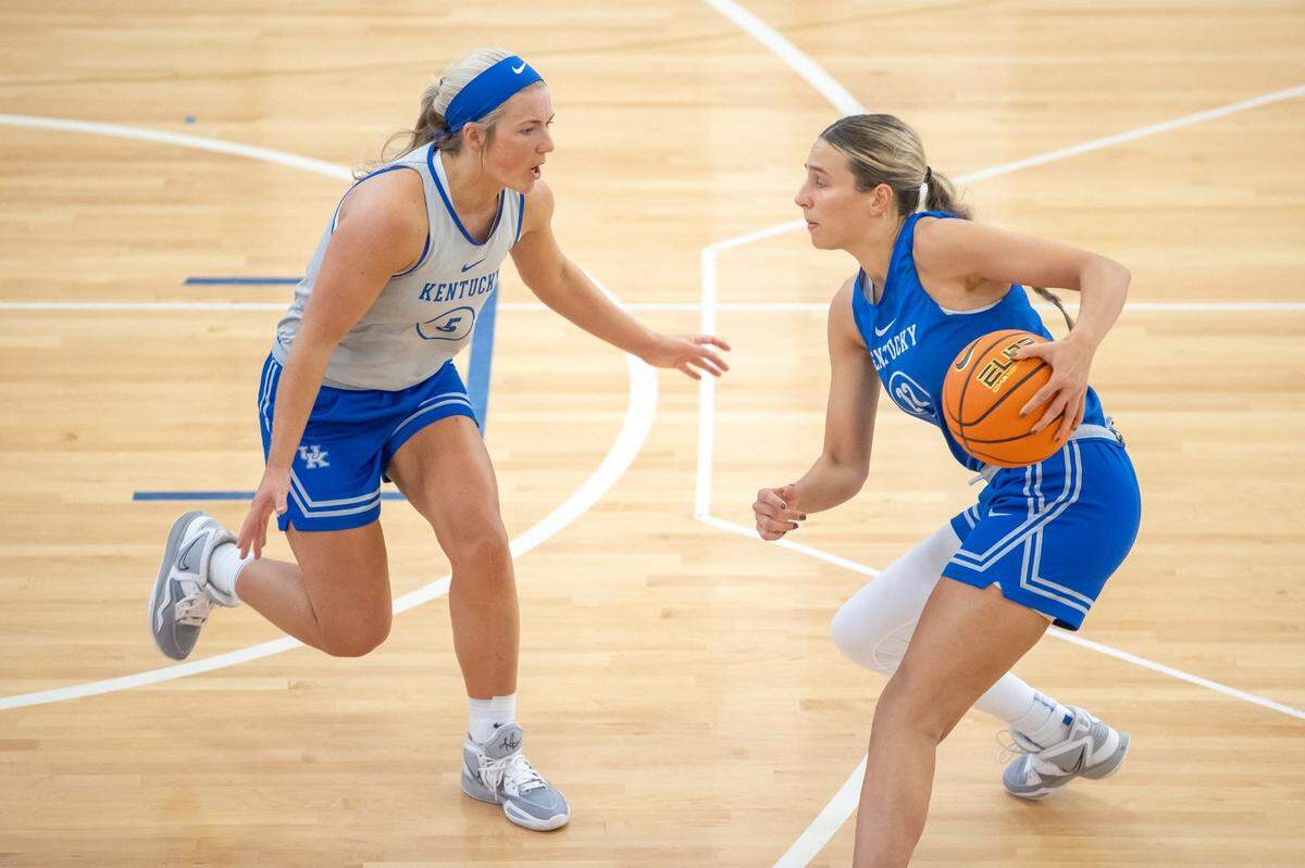 Sophomore guard Cassidy Rowe, left, squares off against senior Maddie Scherr during a practice at the Joe Craft Center this fall. Rowe played in 13 games as a freshman.