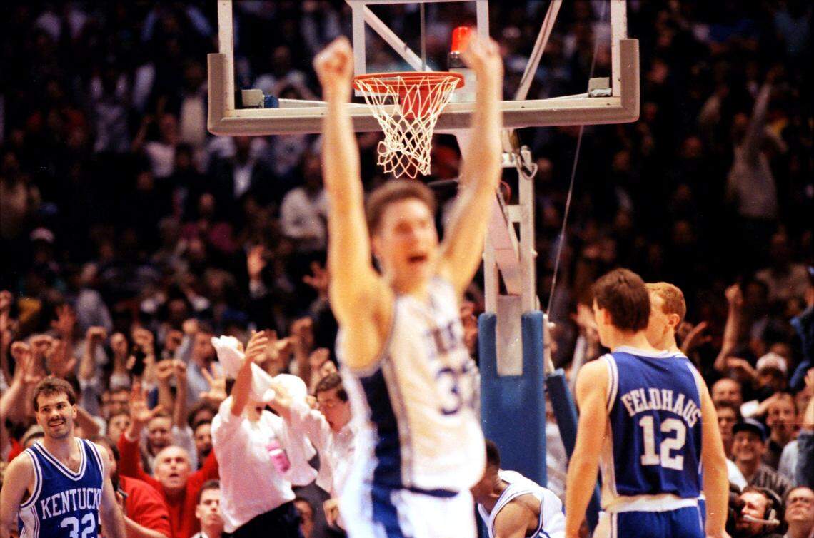 Kentucky fans are hoping video of Connecticut’s Braylon Mullins making a 3-point shot with 0:00.4 left to give UConn a 73-72 win over Duke in last Sunday’s men’s basketball NCAA Tournament East Region finals will at last replace the ubiquitous March Madness replays of the 1992 buzzer beater by Christian Laettner (32) that beat UK 104-103 in overtime in the 1992 NCAA tourney round of eight. 