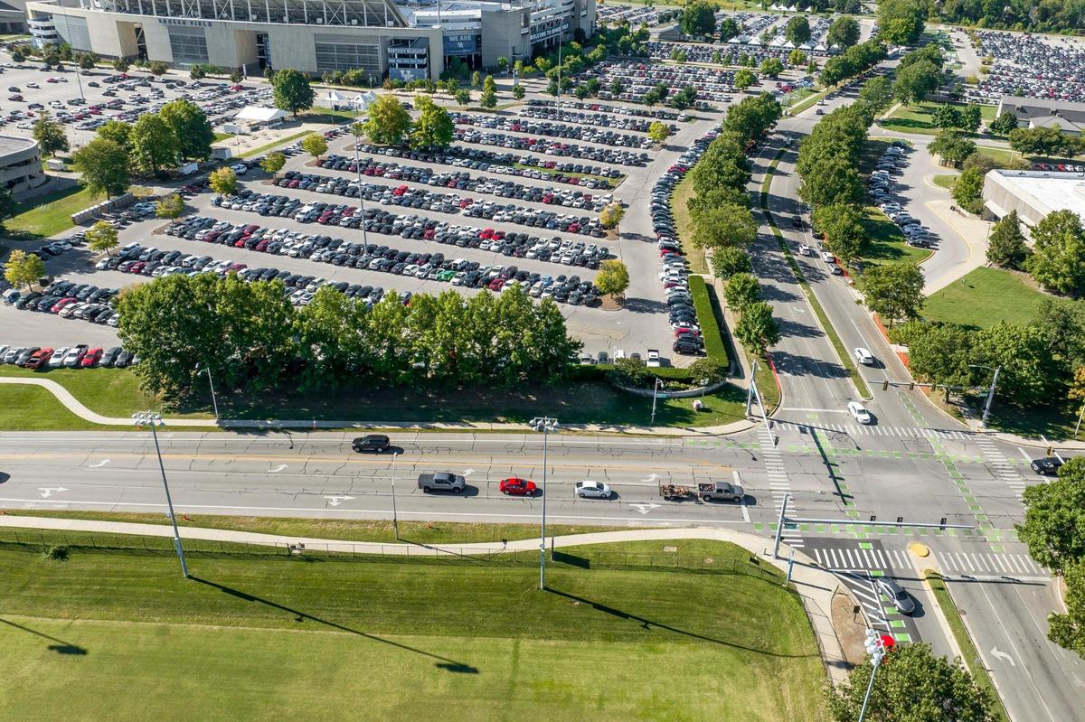 The same view 40 years later shows the growth of trees and a 2015 Kroger Field renovation that included all new exteriors.