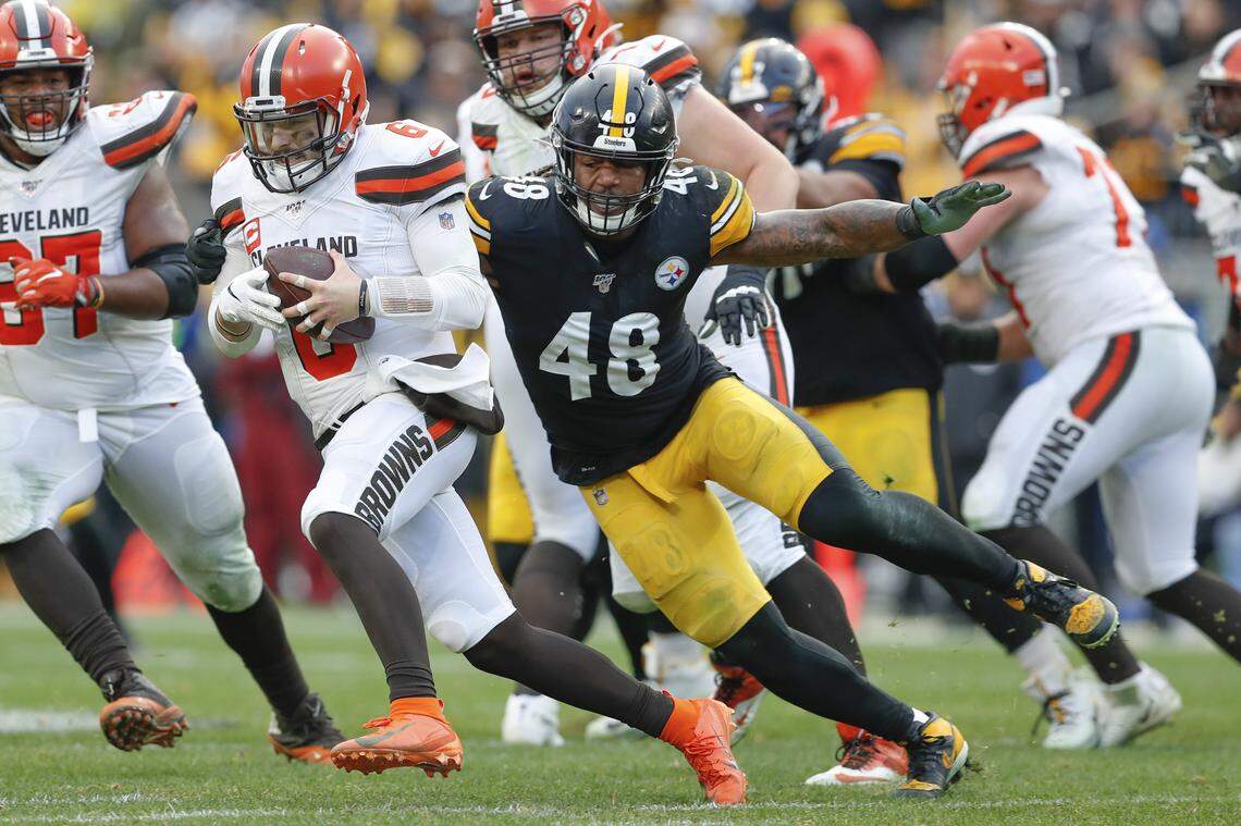 The Steelers’ Bud Dupree (48) piled up a career-high 11 1/2 quarterback sacks last season, including this one on the Browns’ Baker Mayfield. It was Dupree’s fifth season in the league.