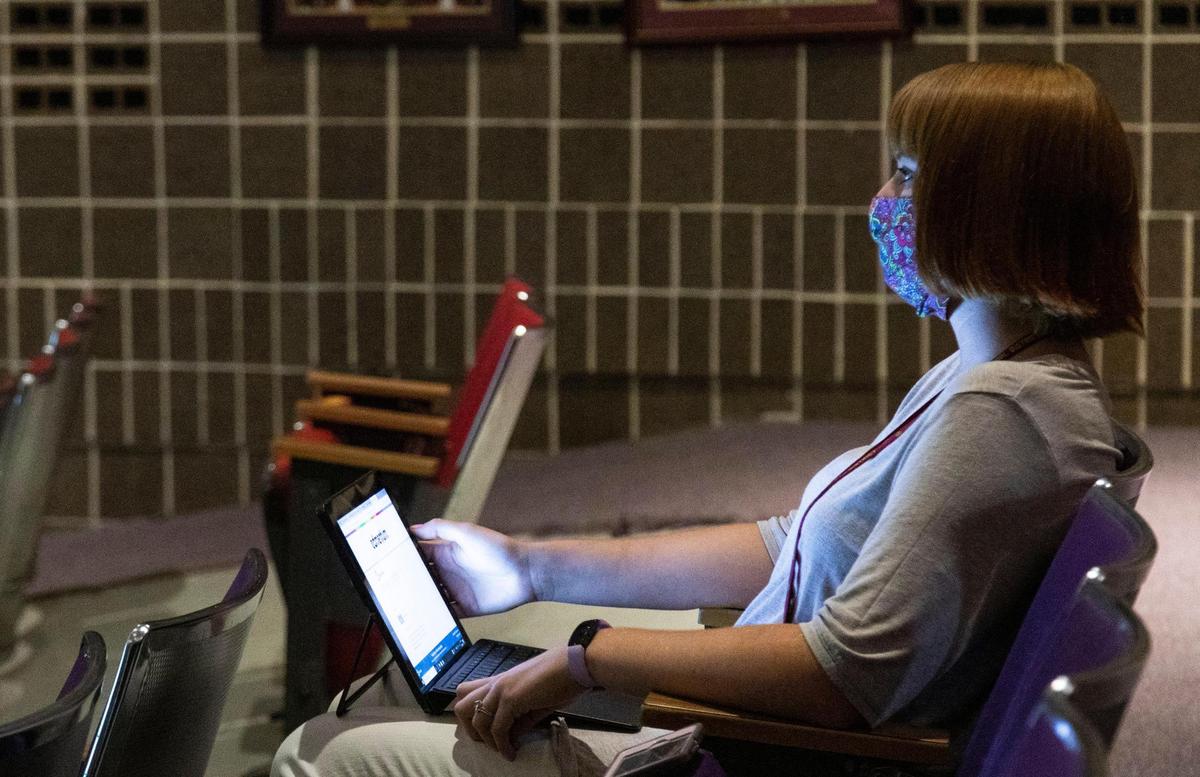 Teachers at McCreary County high school sit in on a training for new software meant to help them transition to teaching classes virtually in McCreary County near Stearns, Ky., Thursday, August 13, 2020.