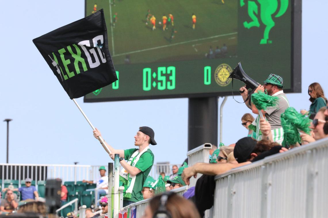 Lexington Sporting Club fans cheer before Sunday’s USL Super League match against Tampa Bay at the club’s new stadium off Athens Boonesboro Road in Lexington.
