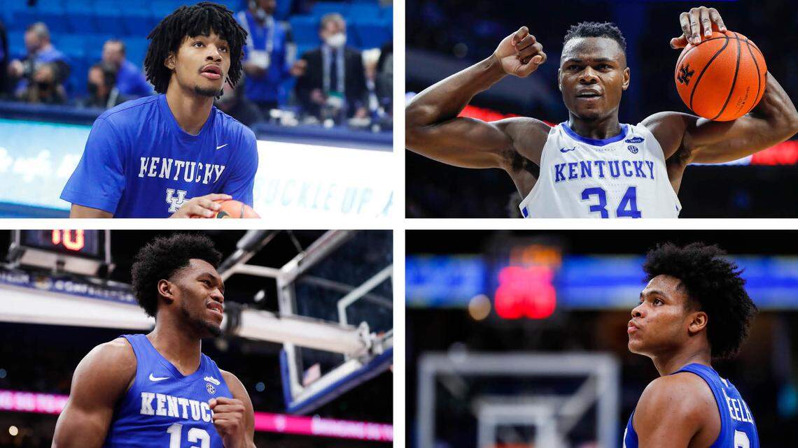 Clockwise from top left: Shaedon Sharpe, Oscar Tshiebwe, Sahvir Wheeler and Keion Brooks will have questions about their futures at Kentucky this offseason.