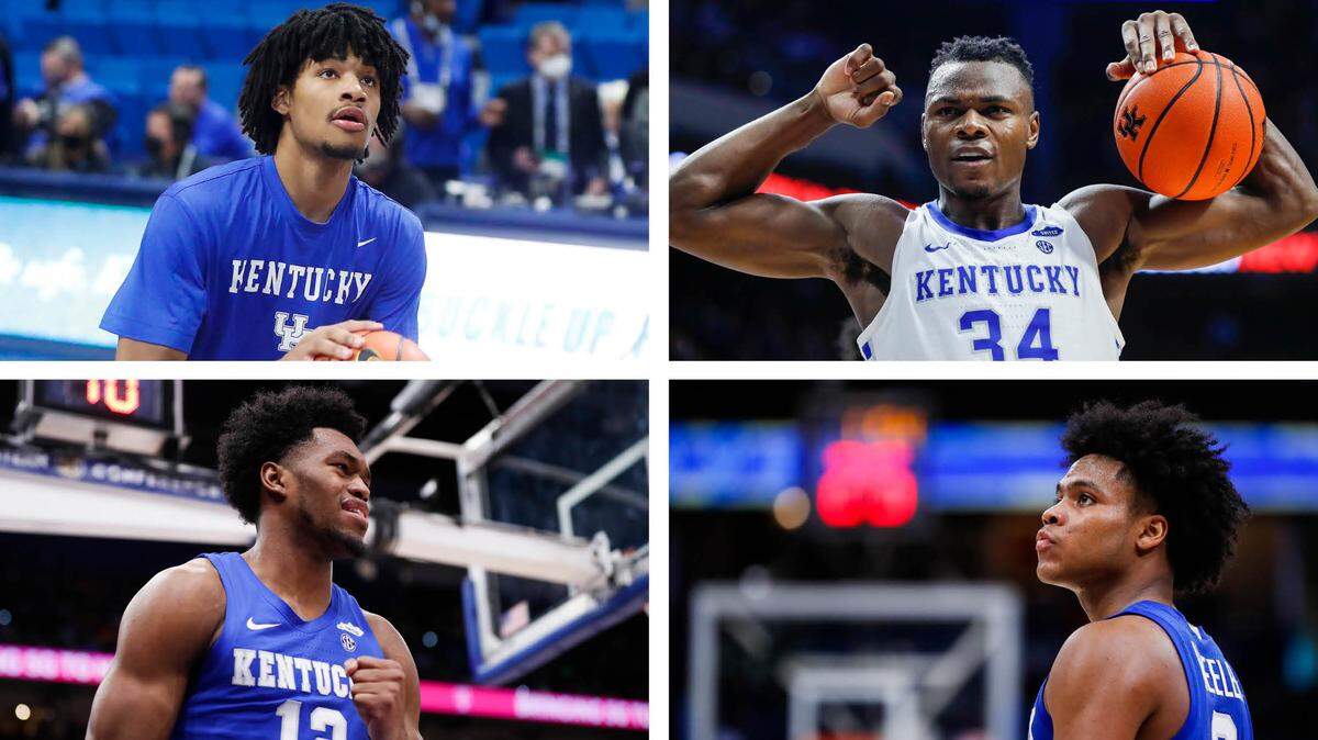 Clockwise from top left: Shaedon Sharpe, Oscar Tshiebwe, Sahvir Wheeler and Keion Brooks faced questions about their futures at Kentucky this offseason.