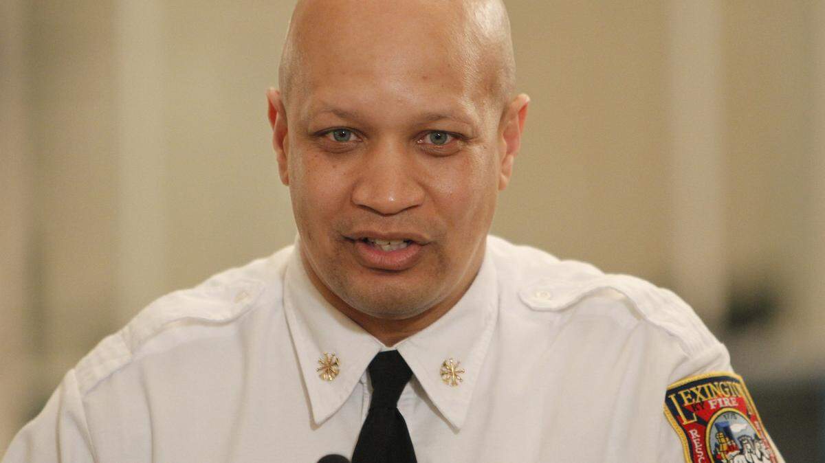 Keith Jackson shown on Wednesday, March 9, 2011 at news conference in the Lexington mayor's office after Mayor Jim Gray named him interim fire chief of the Division of Fire and Emergency Services.  Jackson, 45, is a 20-year veteran of the division.  Photo by David Perry | Staff