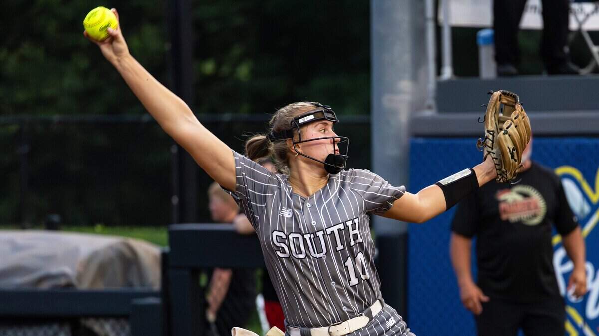 South Warren's Courtney Norwood, and University of Kentucky commit, strikes out batters on the pitcher's mound during the State Softball Tournament championship game between the South Warren Spartans and the Bullitt East Chargers at John Cropp Stadium on June 13, 2026, in Lexington, Ky.