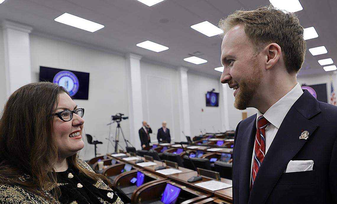 Rep. Vanessa Grossl, R-Georgetown, speaks with Rep. TJ Roberts, R-Burlington, during the 2026 General Assembly.