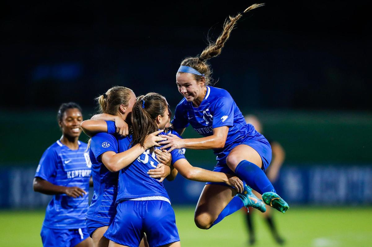 Kentucky freshman midfielder Madison Jones (39) celebrates scoring a goal against Ball State during Thursday night’s season opener.