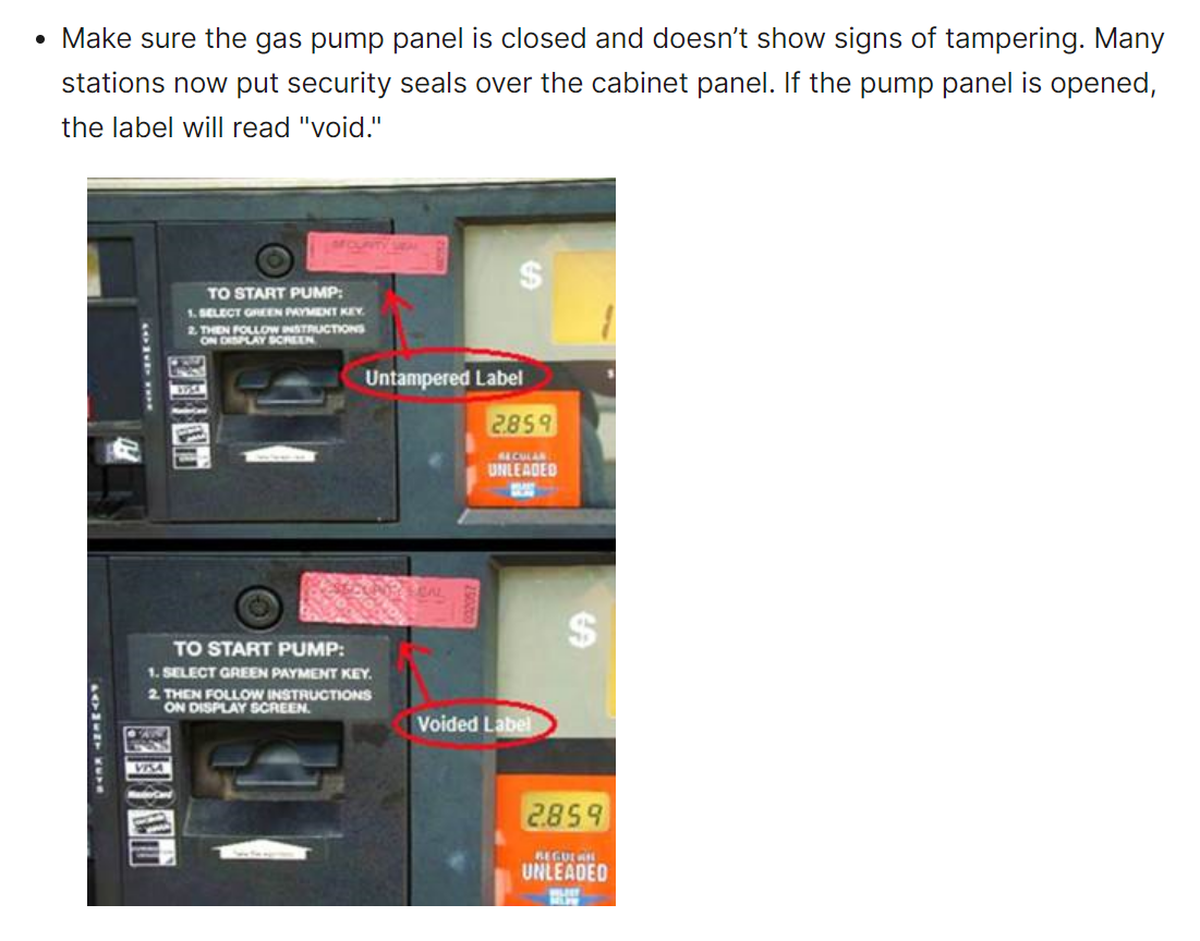 A screenshot from the Federal Trade Commission's website shows what a broken gas pump security seal looks like.