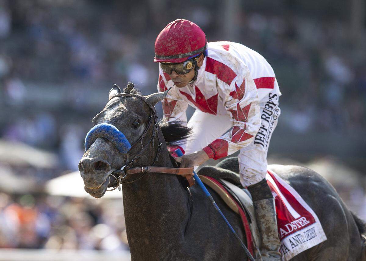 Roadster, with Mike Smith aboard, won the Grade 1, $1 million Santa Anita Derby horse race on April 6 at Santa Anita Park.