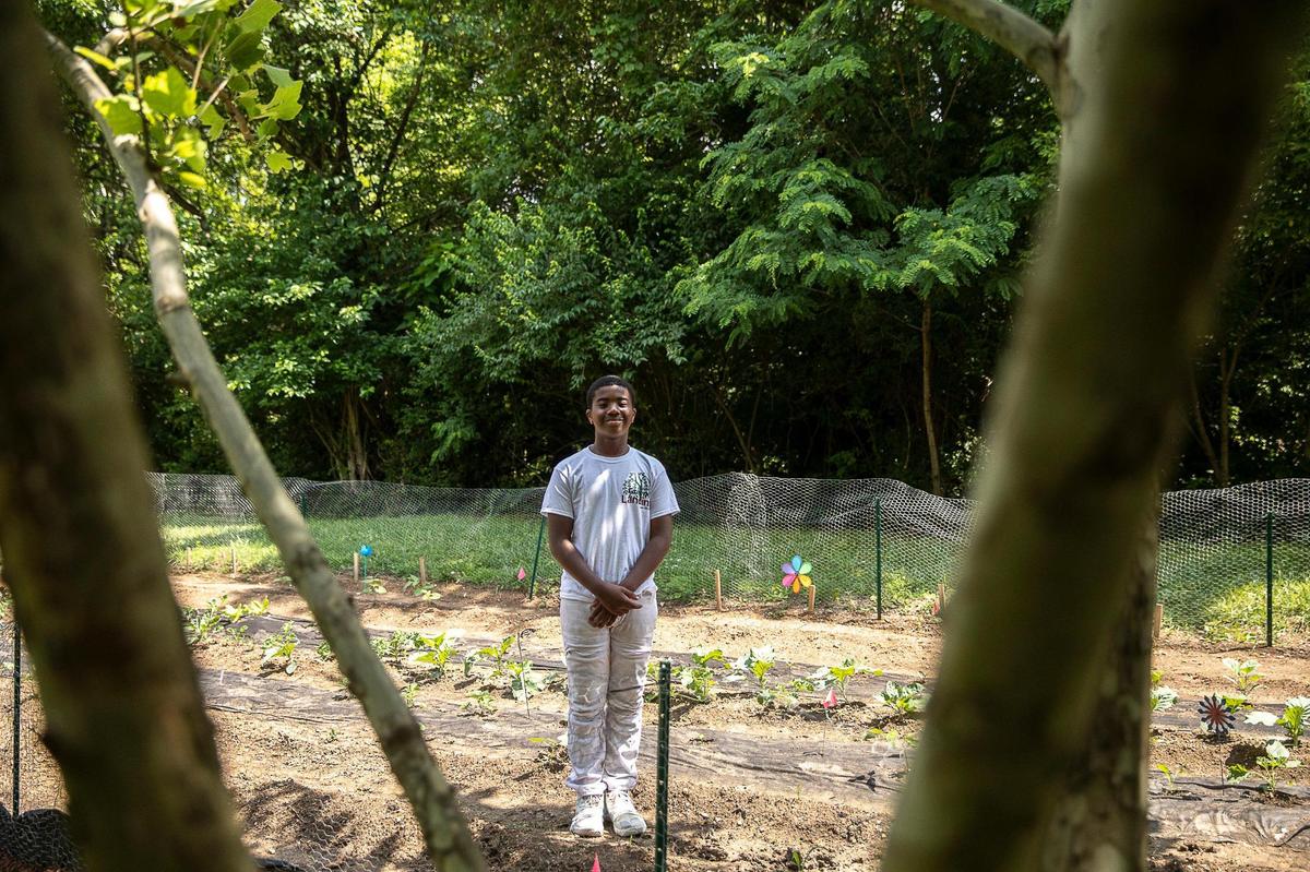 Jacory Curtis poses for a portrait near his plot at GreeneLanding in Cadentown. Curtis comes to tend to his plot 2-3 times a week.