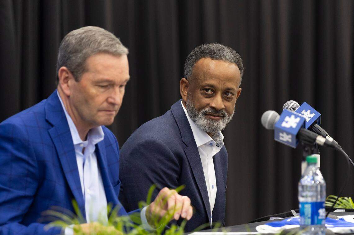 Kentucky athletics director Mitch Barnhart, left, hired new women’s basketball coach Kenny Brooks away from Virginia Tech, where Brooks led his team to a Final Four in 2023.