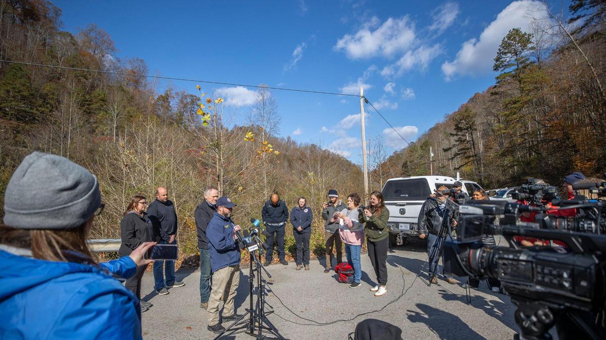 Kentucky Emergency Management Director Jeremy Slinker speaks to members of the media about the rescue operation underway for two workers trapped inside a collapsed coal preparation plant in Martin County, Ky., on Wednesday, Nov. 1, 2023. Officials confirmed one of the workers had died.