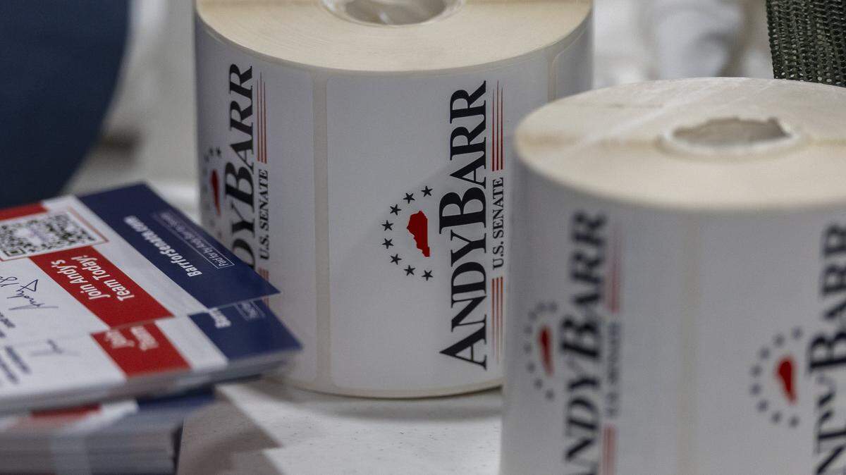 Andy Barr campaign stickers are photographed during the 2025 Night Before Fancy Farm event hosted by the Marshall County Republican Party at the Calvert City Civic Center in Calvert City, Ky., on Friday, Aug. 1, 2025.