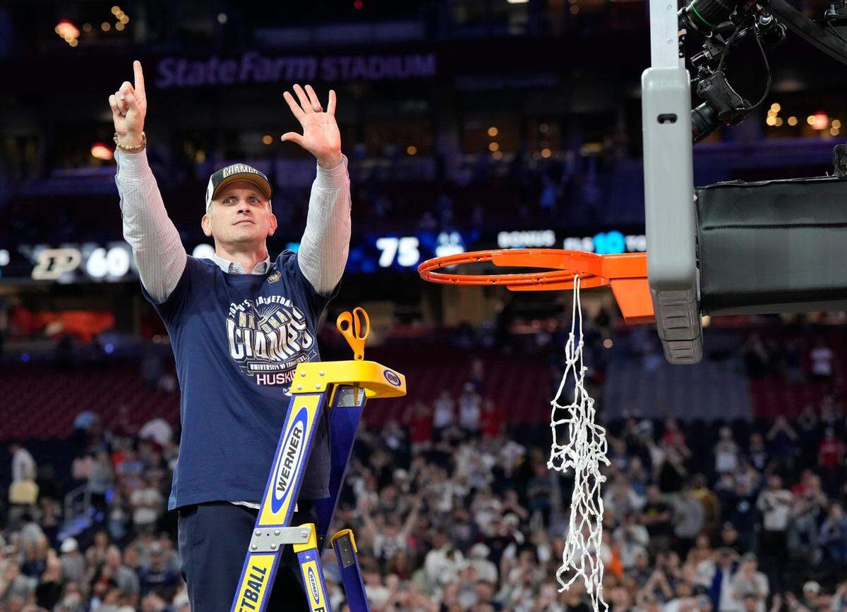 Connecticut coach Dan Hurley exulted after winning UConn’s sixth men’s NCAA basketball championship last season by defeating Purdue 75-60 in the national title game.
