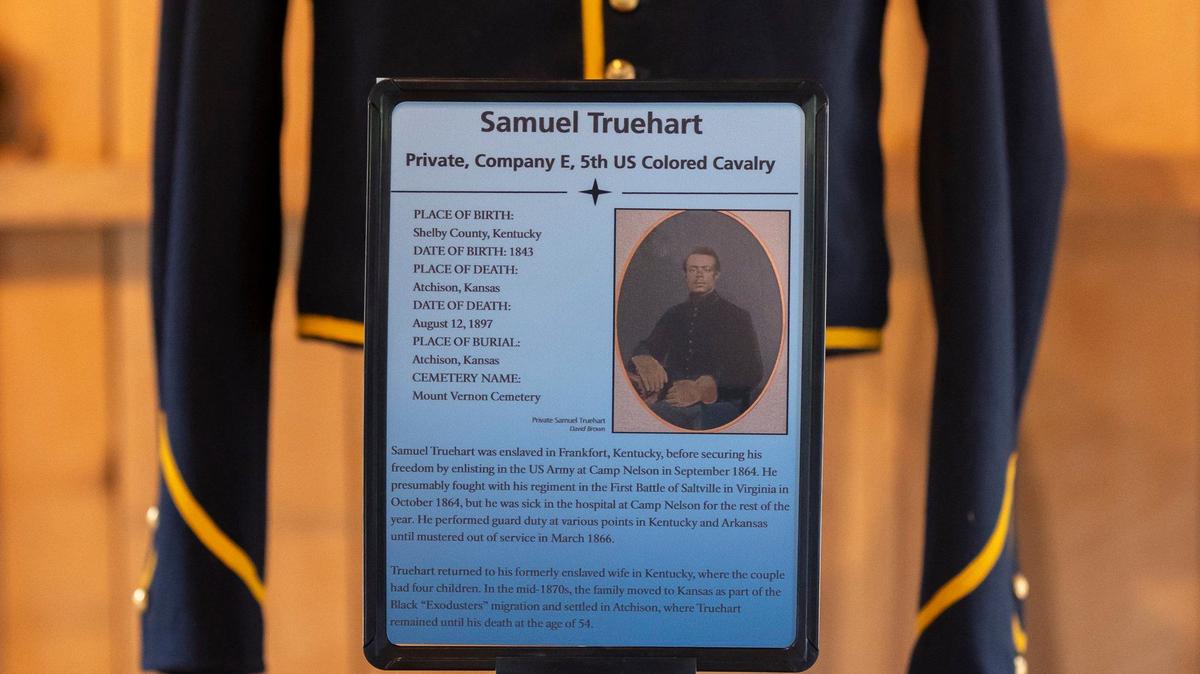 Information about Samuel Truehart, a private in the U.S. Colored Cavalry, is on display in the barracks at Camp Nelson National Monument in Nicholasville, Ky., on Monday, June 3, 2024.