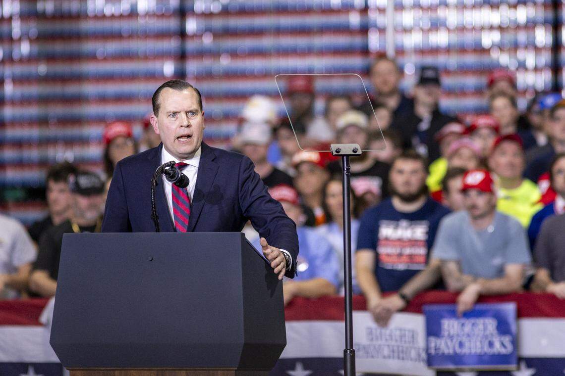 Kentucky Attorney General Russell Coleman speaks during President Donald Trump’s visit to Verst Logistics in Hebron, Kentucky, on Wednesday, March 11, 2026.