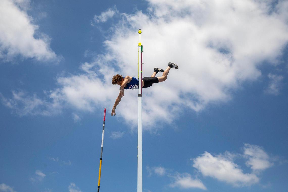 Madison Central’s Wyatt Stewart sets a state record by clearing 16-1 in the pole vault at the KHSAA Class 3A state track and field championships at the University of Kentucky track complex in Lexington, Ky., on Saturday, June 12, 2021.