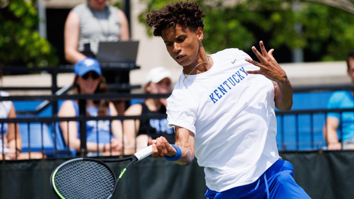 Gabriel Diallo hits the ball during the Kentucky vs. Wake Forrest NCAA Tournament Super Regional match on Saturday, May 14, 2022, at Hilary Boone Tennis Complex in Lexington, Kentucky.