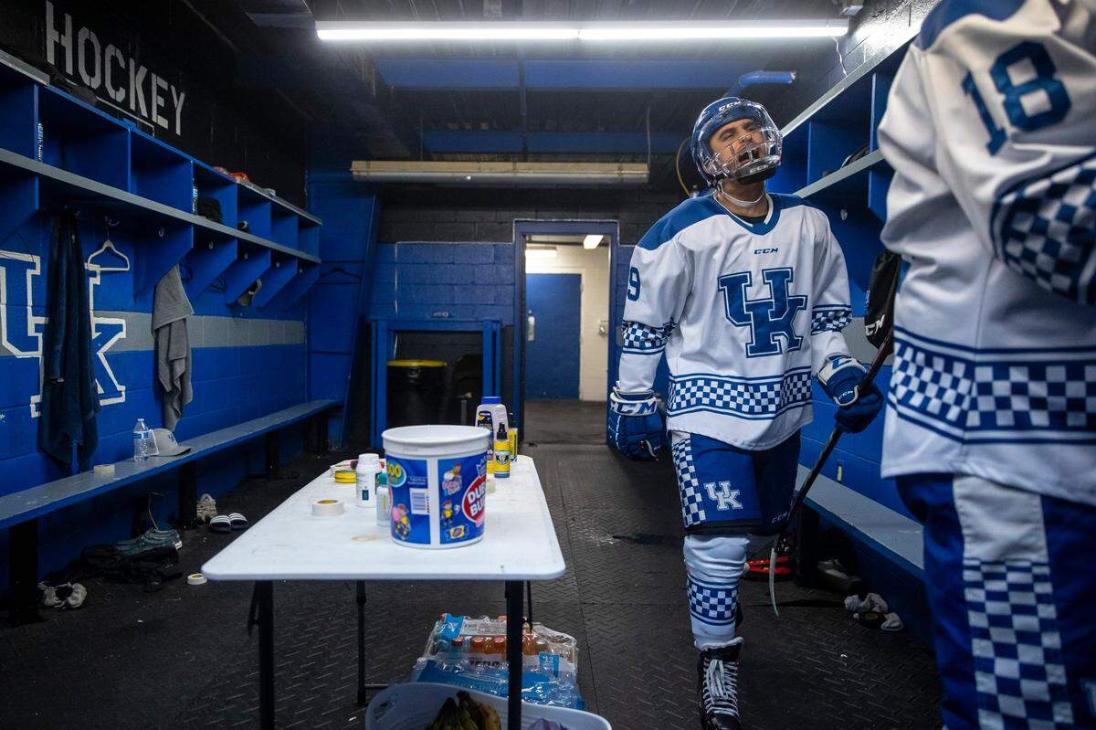 Kentucky’s Gabe DAmico (9) prepares to take the ice with his team before a game against Louisville in January.