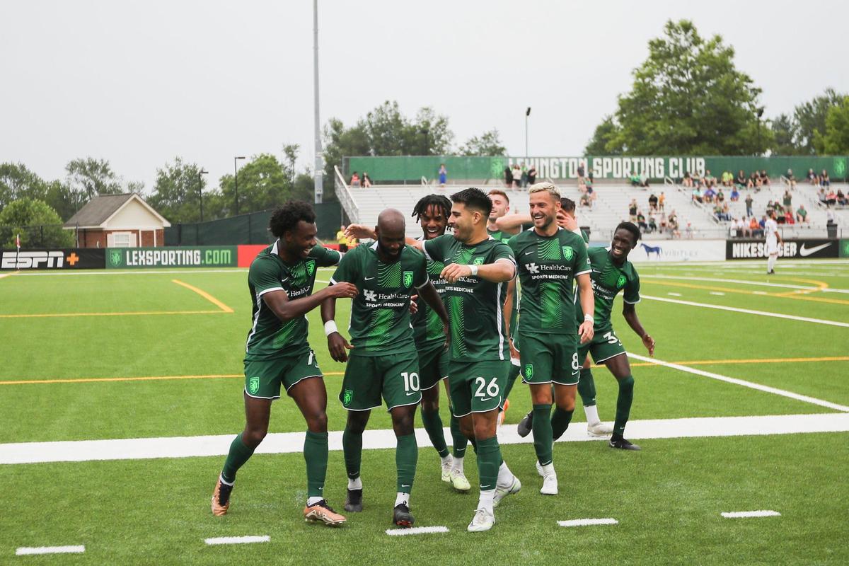 Lexington Sporting Club midfielder Don Smart celebrates after scoring a penalty kick goal during a USL League One match against Chattanooga last summer. LSC finished ninth in the 12-team league in 2023.