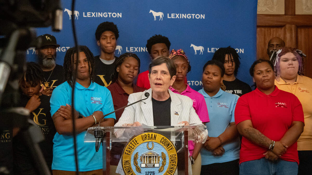 Mayor Linda Gorton announces the grant-winning organizations in the Lexington Government Center lobby on Tuesday, July 7, 2026.