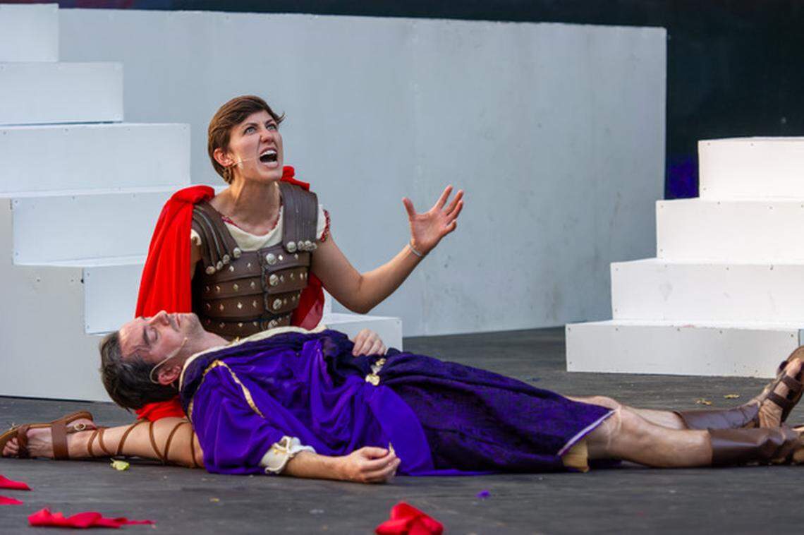 Jonathan Hall (Julius Caesar) and Sarah Jo Jacobs (Mark Antony) will be in the Appalachian Shakespeare Center’s production of “Julius Caesar” in Woodland Park this weekend.
