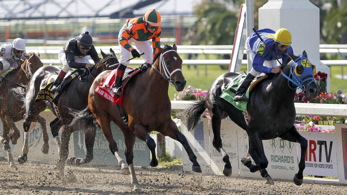 Hero of Order, right, with Eddie Martin Jr. up, passed jockey Rosie Napravnik on Mark Valeski to win the $1 million Louisiana Derby. Hero of Order, trained by the unorthodox Gennadi Dorochenko, won at odds of 109-1.
