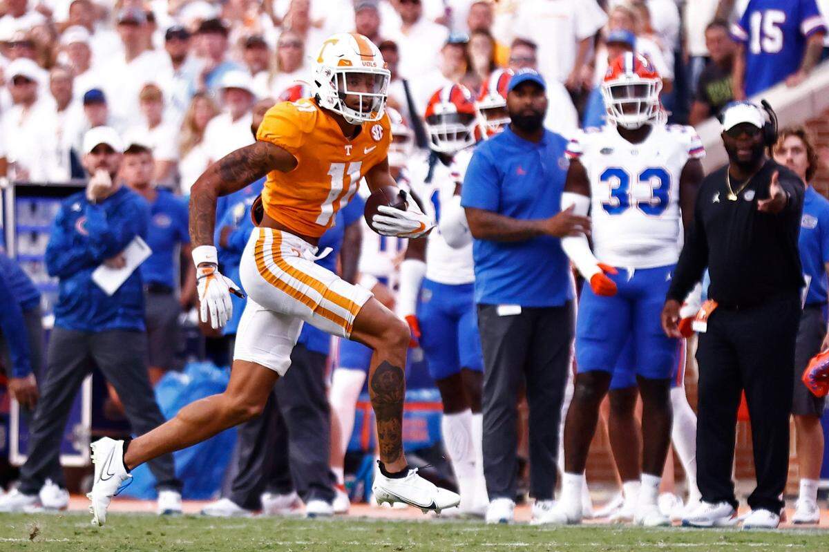 Tennessee wide receiver Jalin Hyatt (11) has 40 catches for 769 yards and 12 touchdowns this season.
