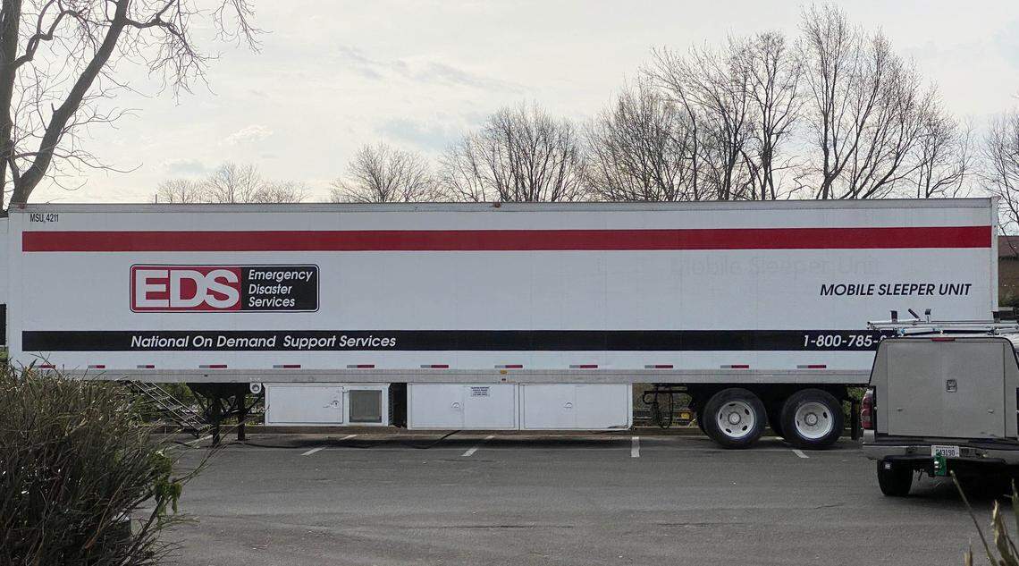 A mobile sleeper unit trailer parked outside the Hope Center on March 27.