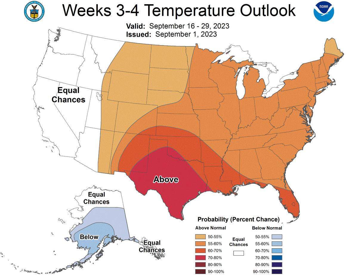 A temperature outlook from the Climate Prediction Center, valid through Sept. 16-29.