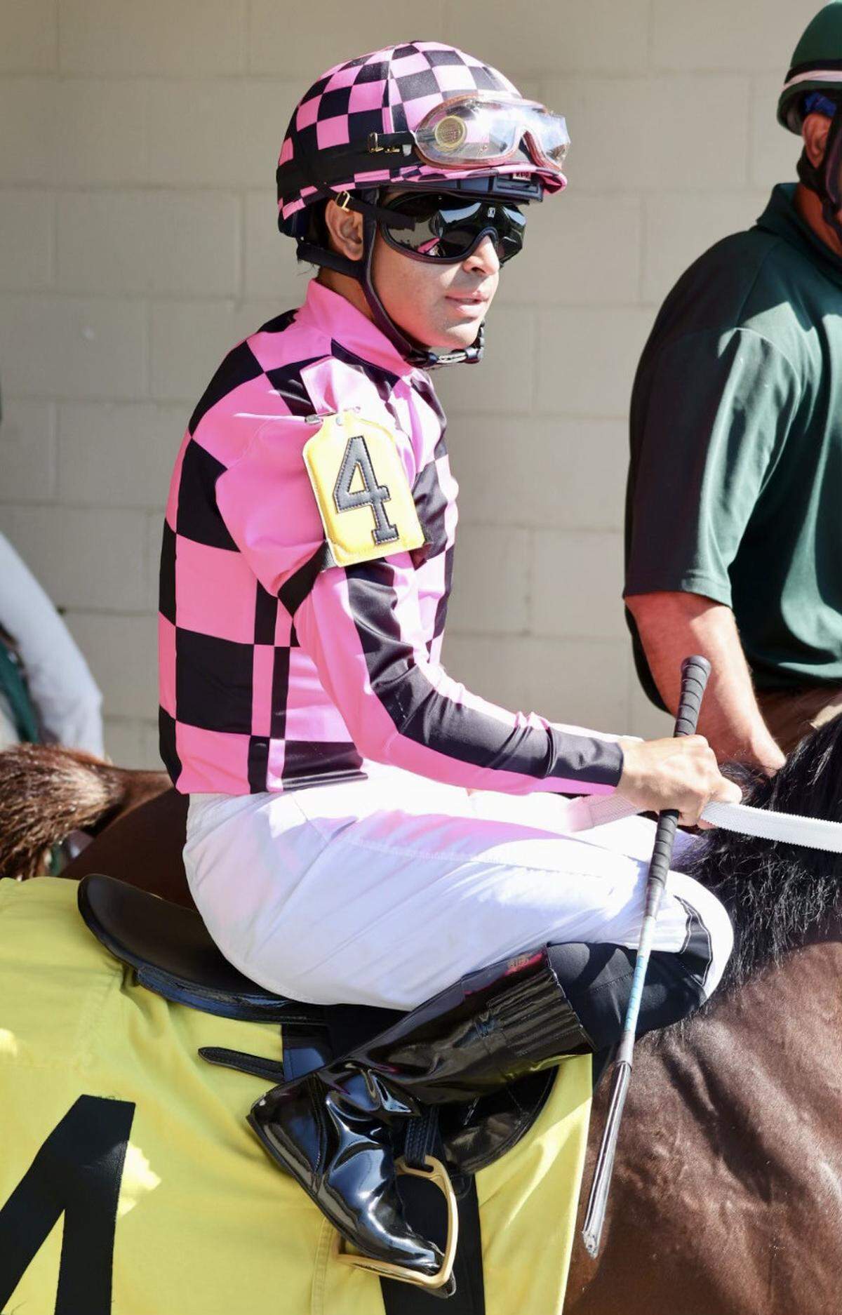 Luis Saez is shown aboard Macho Music at Keeneland, prior to winning a race, during the 2024 Fall Meet on Oct. 5, 2024, in Lexington, Ky. (Photo by James Crisp)
