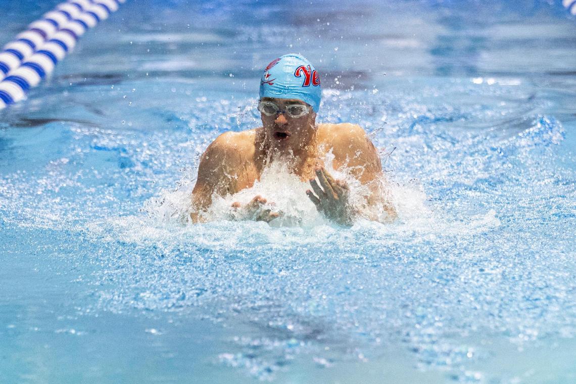 Lafayette’s Jimmy Rogers competes in the 100 breaststroke during the 2025 KHSAA State Swimming Championships at the University of Kentucky’s Lancaster Aquatic Center on Friday.