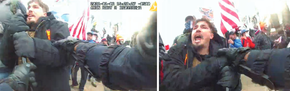 The FBI said in a court statement that this photo shows Luke Hoffman from Kentucky struggling with a police officer for control of the officer’s baton during the disturbance at the U.S. Capitol on Jan. 6, 2021.