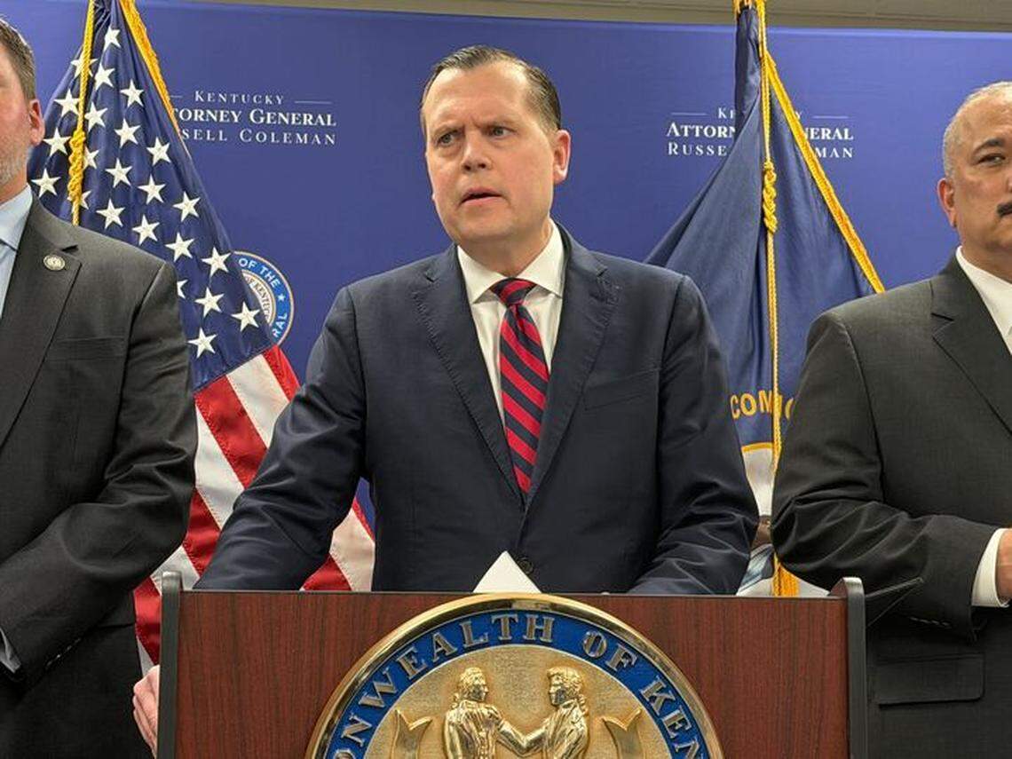 Kentucky Attorney General Russell Coleman speaks at a news conference in Frankfort March 31, 2026, announcing four felony charges related to campaign finance violations against London Mayor Randall Weddle.